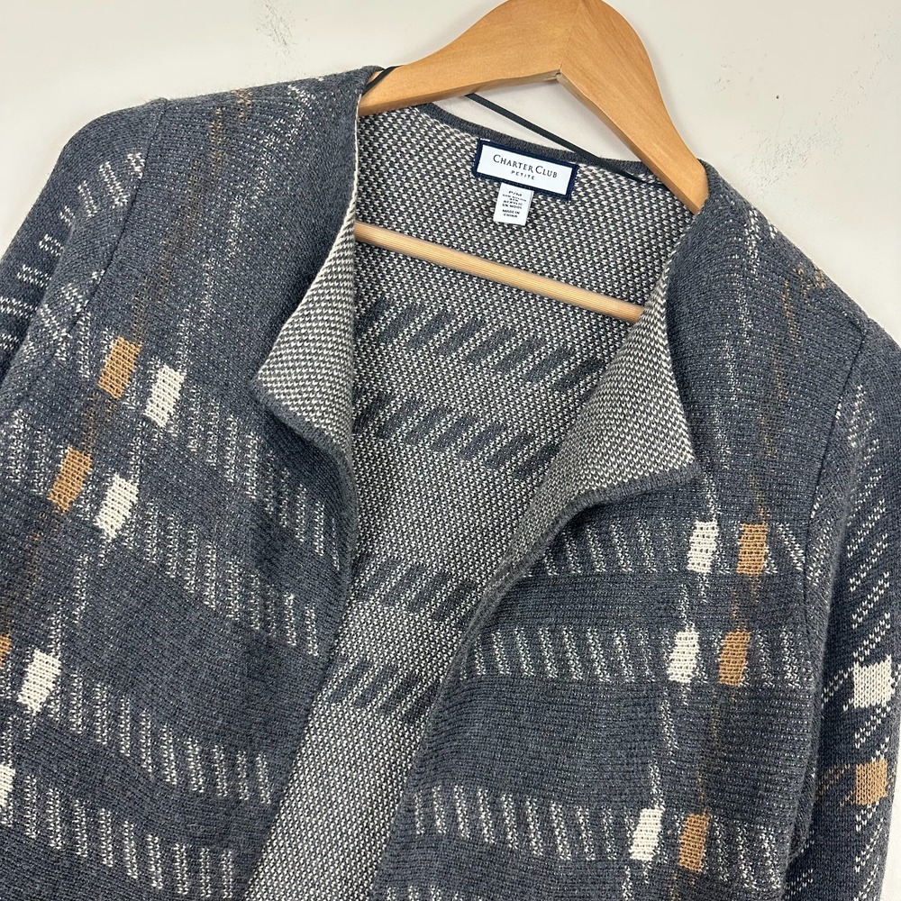 Charter Club Cardigan Sweater Gray Plaid Warm Cozy Preppy Open Front Womens PM